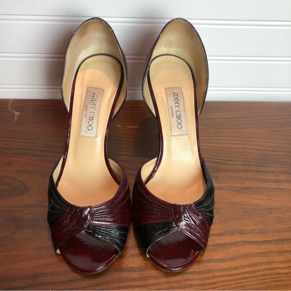 Jimmy Choo Patent Leather Wine and Black Bordeaux Heels Sz 39